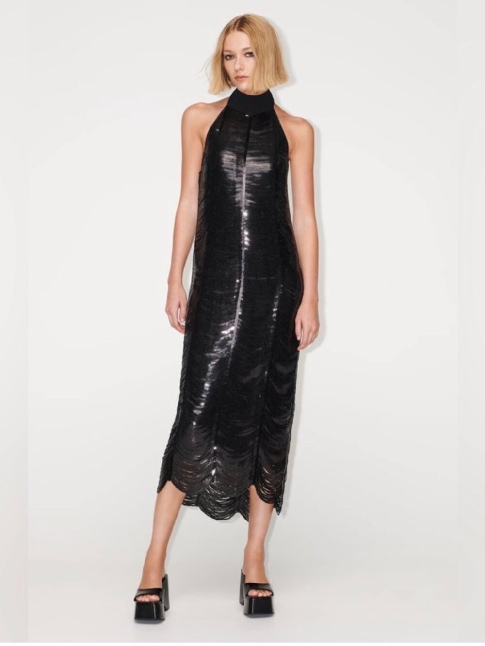 Zara Black Sequin Halter Dress S NWT